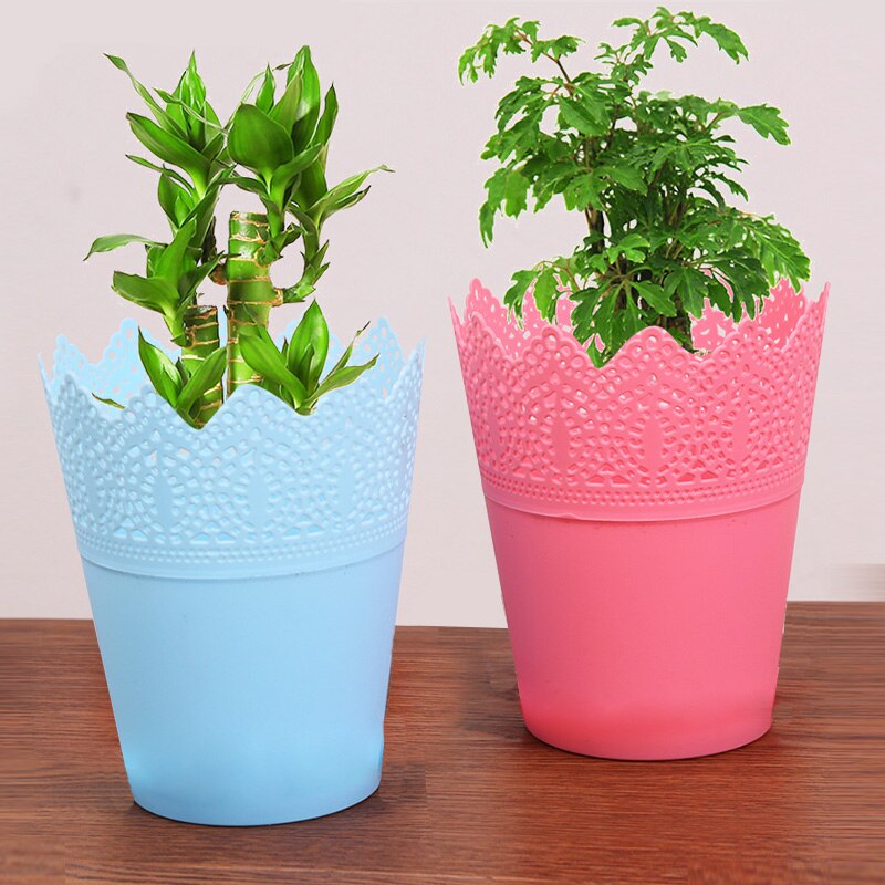 Maceta clásica de encaje para flores, soporte para escritorio, maceta de hierro para flores, maceta para plantas de Color sólido, herramientas de decoración de jardín para el hogar con bandeja