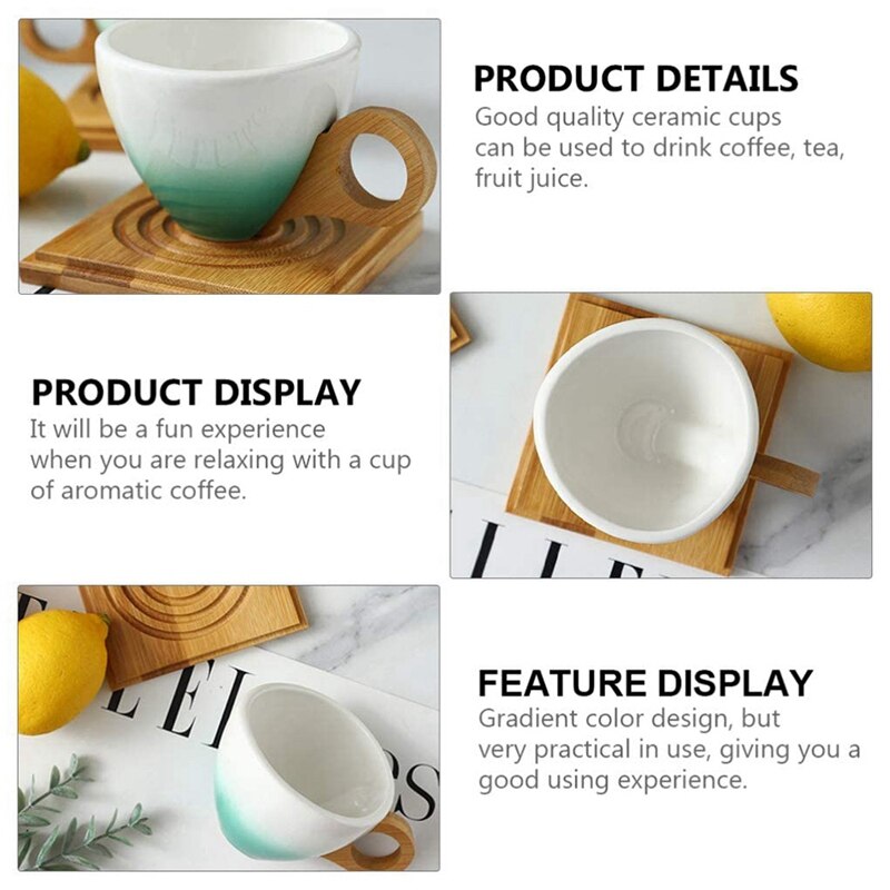 European Gradient Color Ceramic Coffee Cup Set Ideas With Bamboo Handle Coaster Ceramic Tea Cup