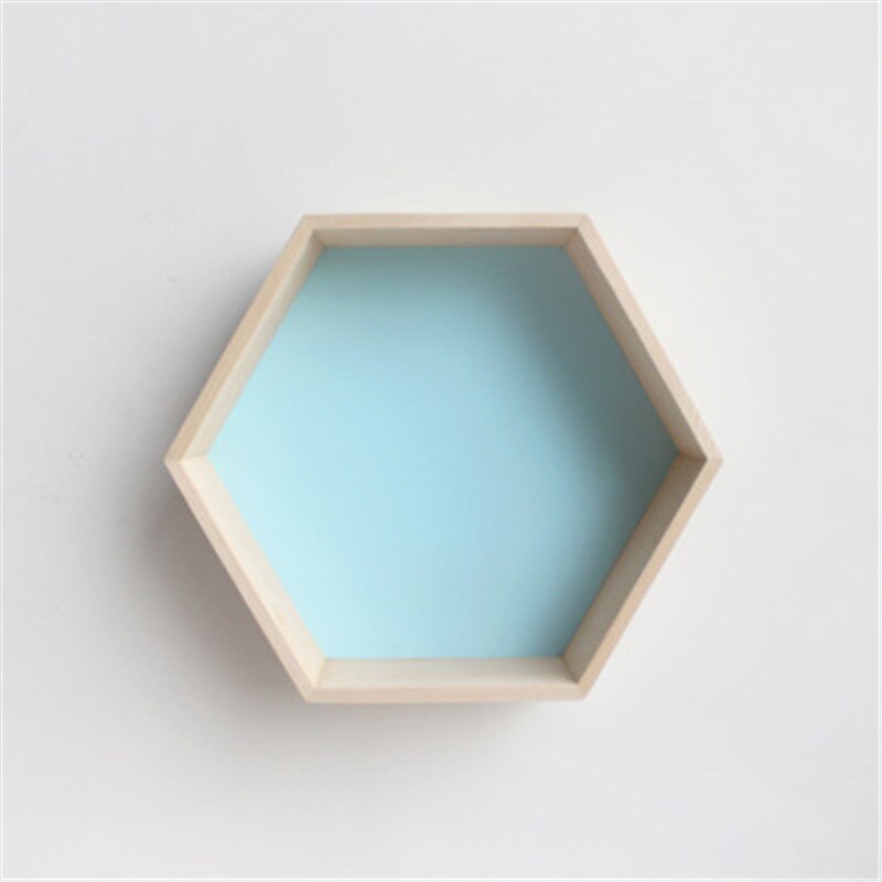 Neue Holz Hexagon Wanddekoration Baby Zimmer/Schlafzimmer Candy Organisation Aufhänger Fotografie Requisiten Regale Storage Decor Polygon Box: L / Blau