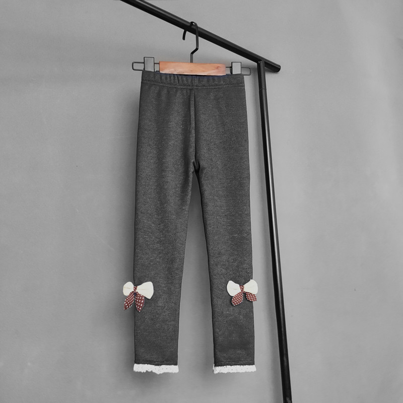 Pantalone in Denim imitazione bambina autunno inverno bambini Plus pantaloni lunghi in velluto neonate pantaloni caldi in pizzo con fiocco blu scuro nero: Black / 2-3T(100)
