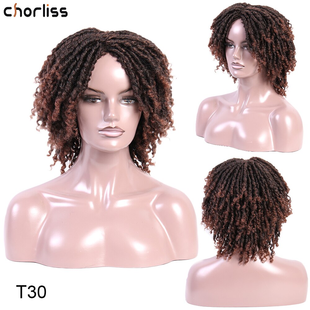 Dreadlock hår peruker mjuka korta syntetiska peruker kinky lockiga peruker för kvinnor virkad fläta peruk ombre bugg hög temperatur fiber: T30