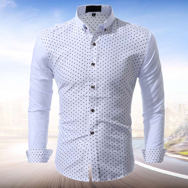 Print Casual Men Long Sleeve Shirt Stitching Pocket Fabric Soft Comfortable Men Dress Slim Fit Style TOA: White