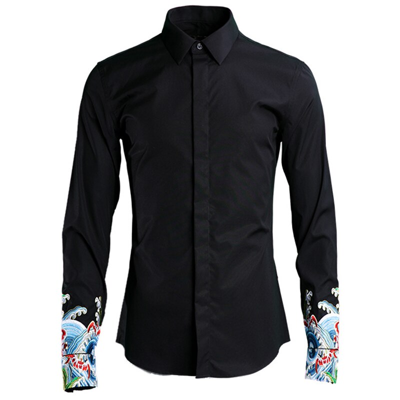 Mode Manchet Borduurwerk Shirt Mannen Top Business Mannelijke Slanke Camisa Masculina Lange Mouwen 80% Katoenen Kleding Heren Shirts: Black / M
