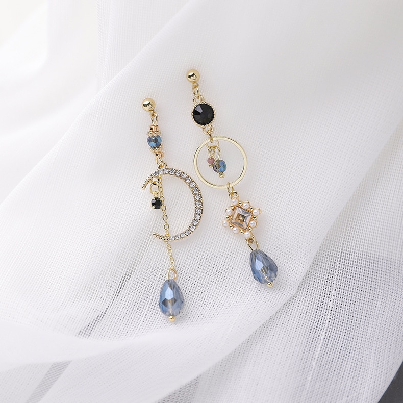 Vintage blå krystal moon fringe drop øreringe til kvinder asymmetriske drop ørering luksus smykker
