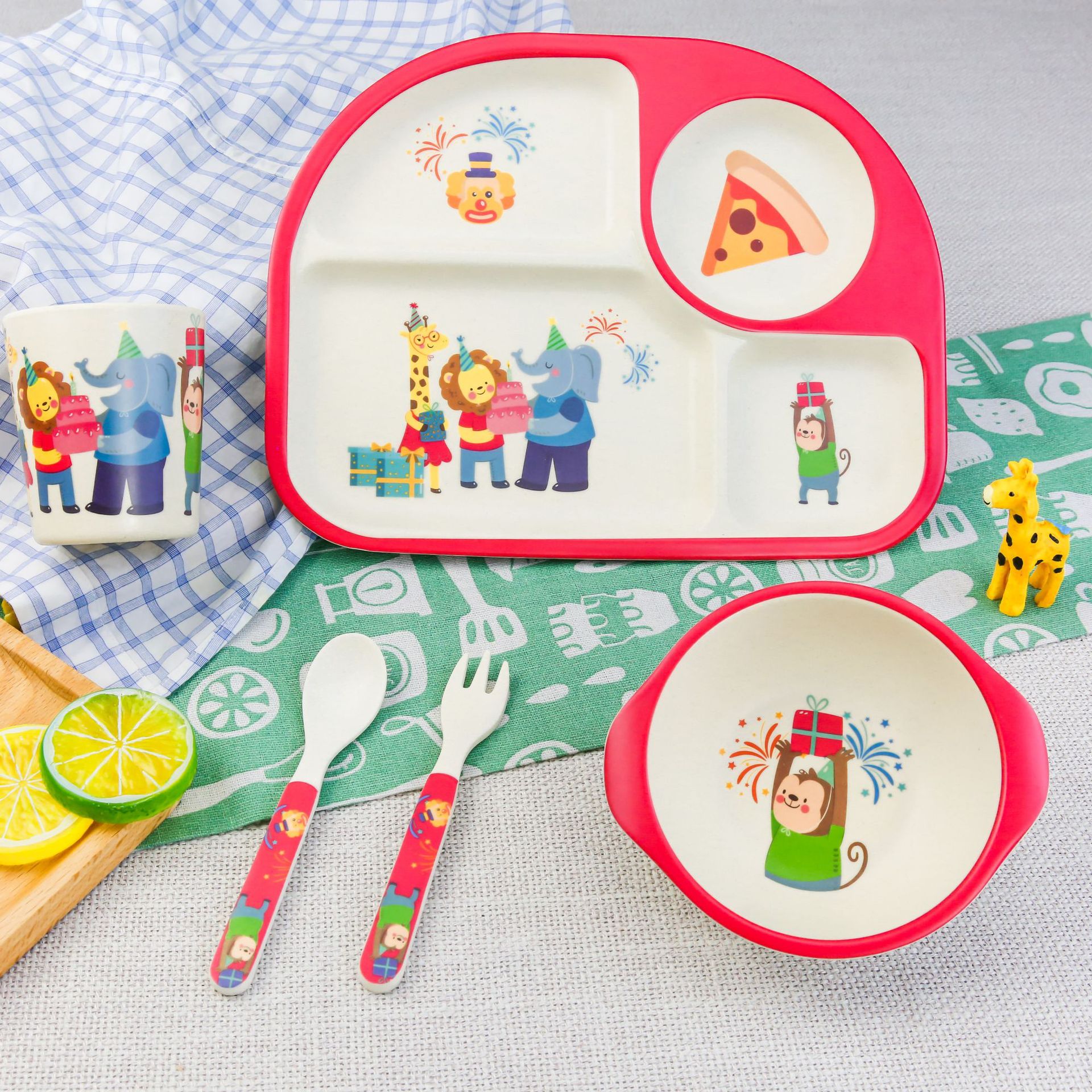 5 stuks/set baby schattige cartoon eetgerei kinder dinerbord peuter eetbakjes baby kinderen oefenkom lepel vork