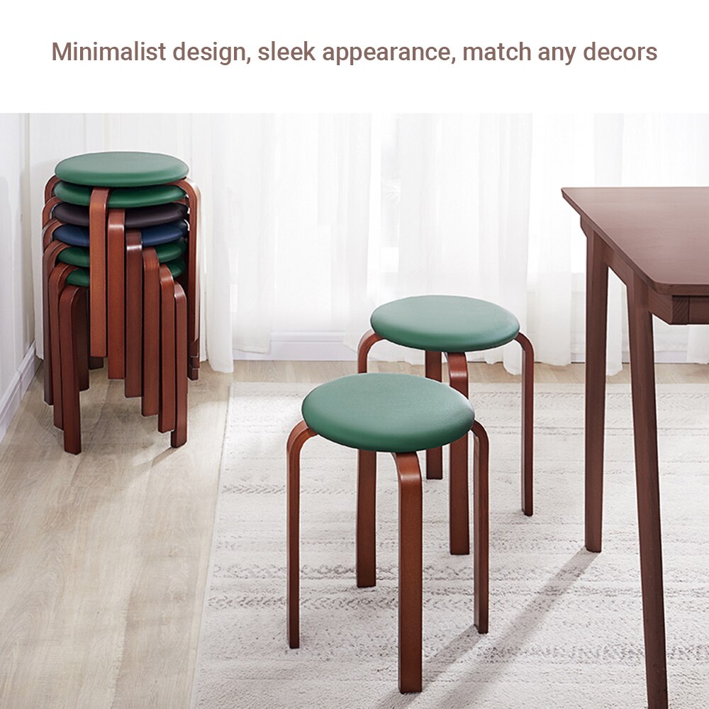Wooden Stool Solid Wood KD Stool Stackable Leather Cushion Padded Round Stool Backless Chair for Home / Restaurant / Cafe / Bar