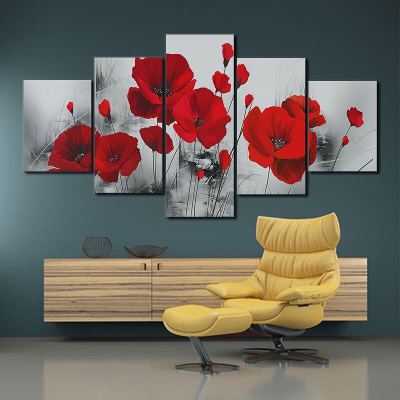 Painted Red Rose Oil Painting Reproductions 5 Piece Ink Painting Canvas Art Picture Modern Wall Decoration