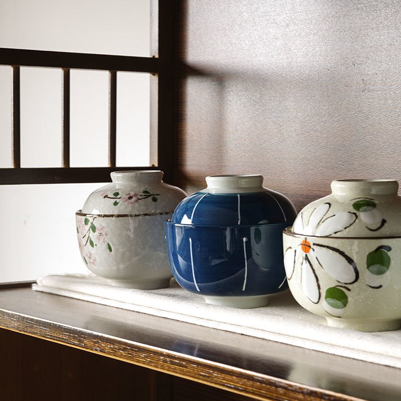 Japansk husholdning keramisk håndmalet kugle fuglerede kop med låg lille suppe risskål stuet gryde kop med dækning terrin