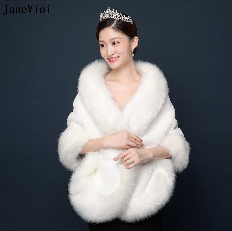 JaneVini Ivory Warm Short Faux Fur Bridal Shawls Shrug Coat Bride Winter Wedding Party Capes Cloak Formal Evening Bolero