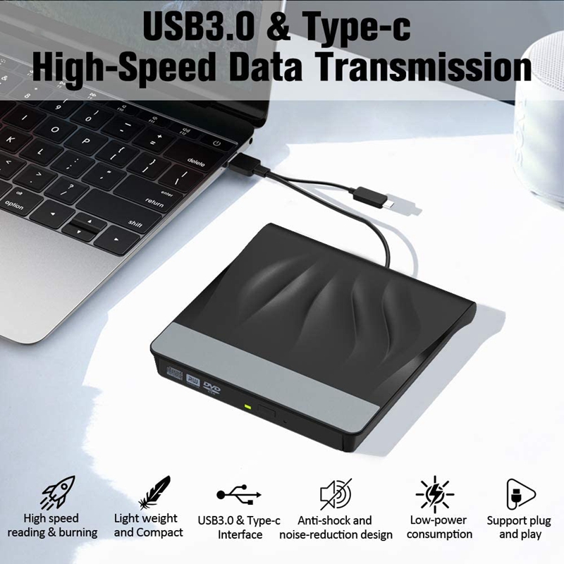 External CD DVD Drive USB 3.0 Type-C Portable Super Drive Burner Player for Laptop Mac Desktop Window 10 8 7 XP