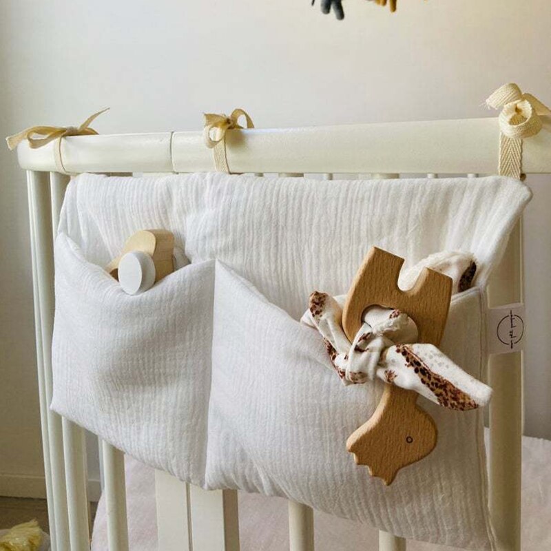 Sac de rangement multifonctionnel pour berceau, sac suspendu en tissu de gaze de coton, sac à roulettes en treillis, bouteille Moar, poche de rangement de jouets pour berceau