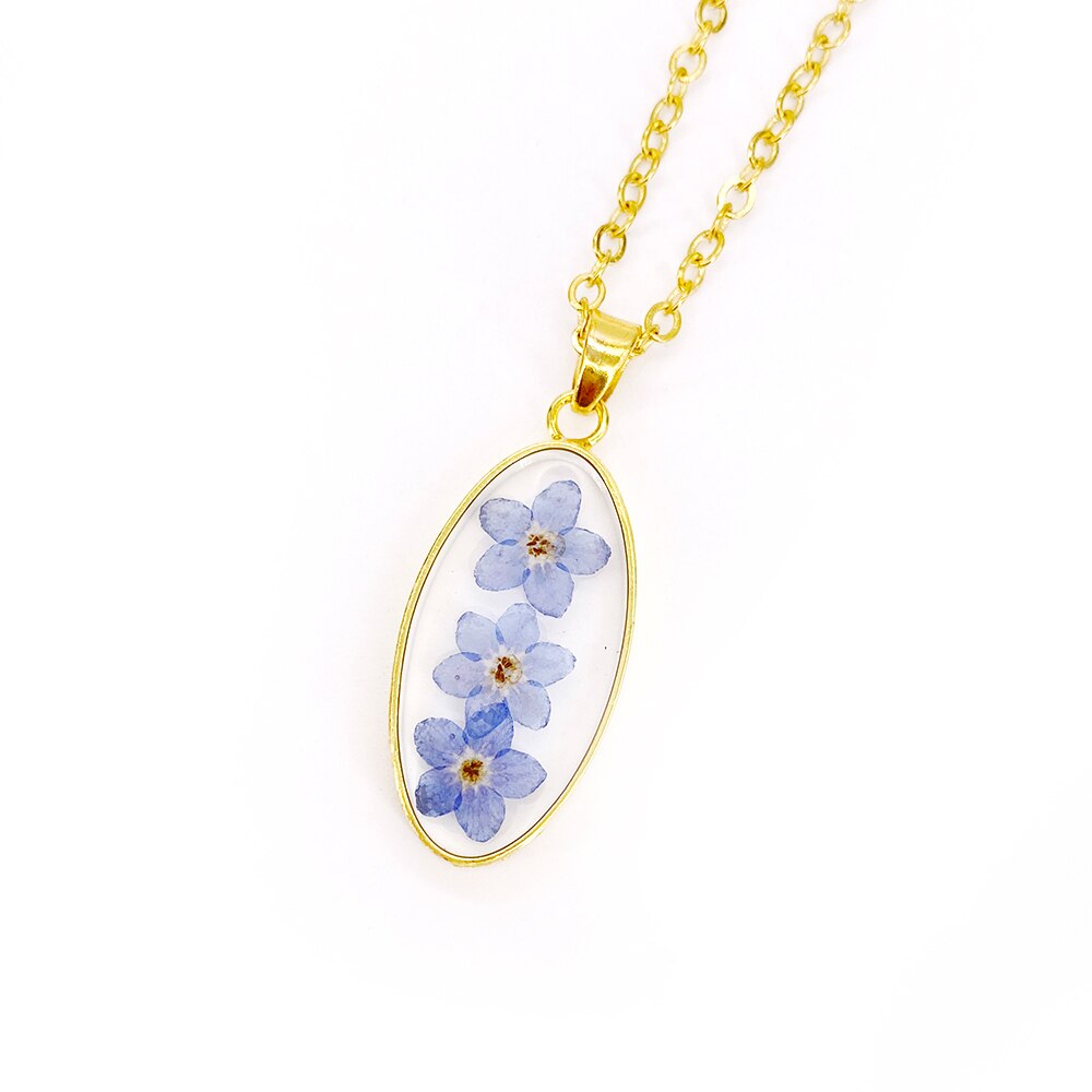 dimenticare me non Pendenti E Ciondoli Del Pendente Della Collana di Fiori Secchi Reale asciutto Fiori Boho dell'oro Della Catena Della Collana per Le Donne del Regalo Della Ragazza Gioelleria Raffinata E Alla Moda: ovale