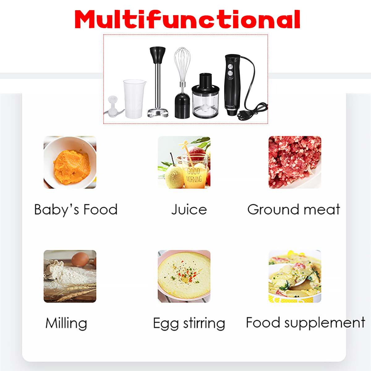 Mélangeur à main 4 en 1 en acier inoxydable 500W, batteur d'œufs, broyeur de jus de légumes ménager avec bécher de 700ml