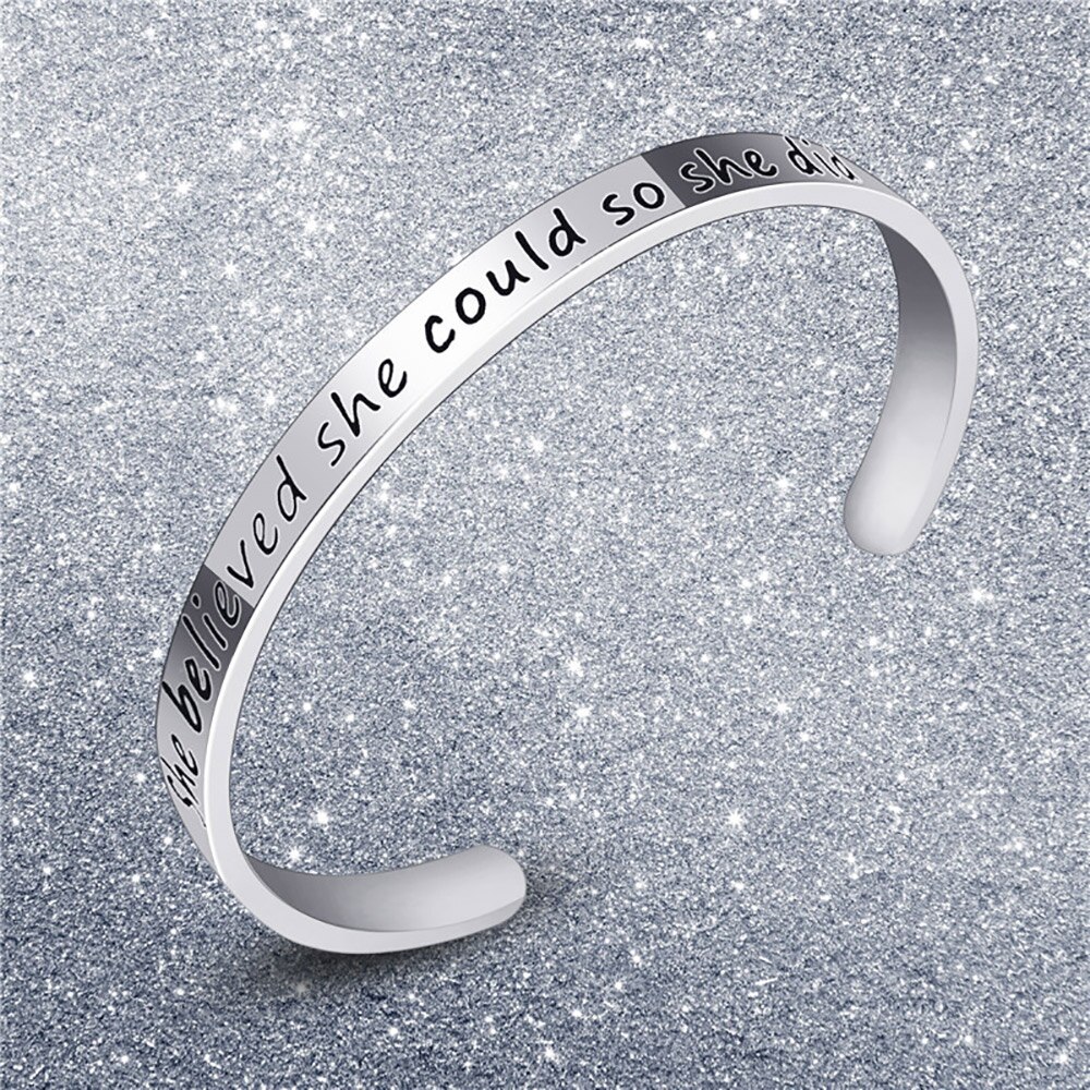FINE4U B433 Inspirational Bracelet Cuff Bangle for Best Friend Sister Mantra Quote Stainless Steel Engraved Motivational Jewelry
