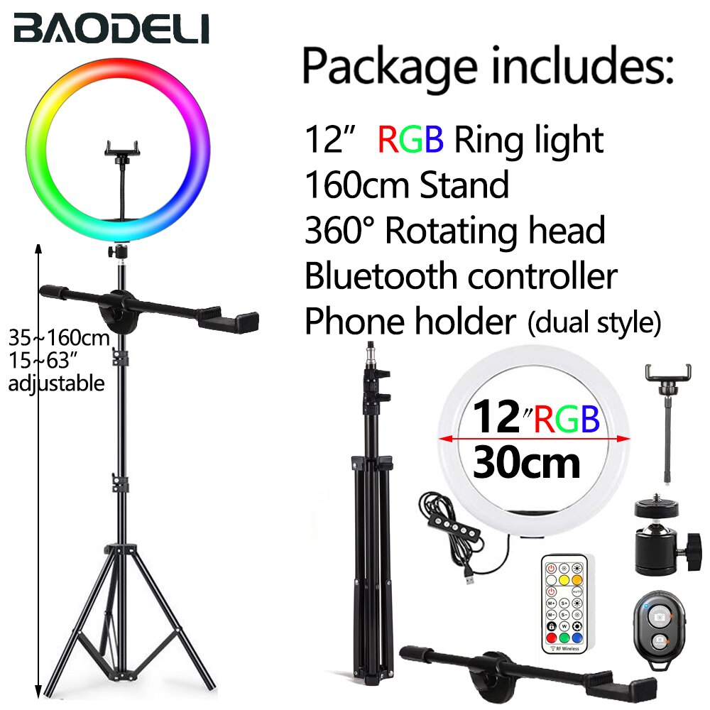 Anillo de luz Led para Selfie, lámpara de luz de relleno circular de 30cm, 12 pulgadas, con trípode y soporte para teléfono: 12in 160cm C