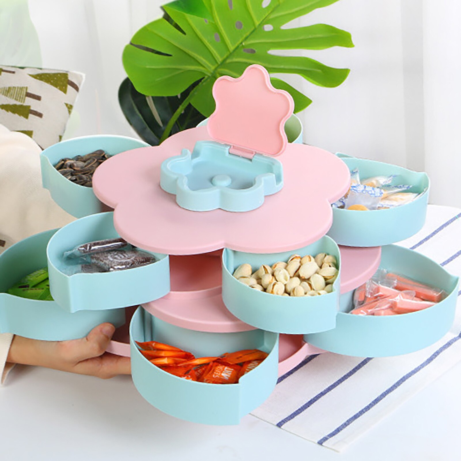 Lazy Fruit Dish Double Layers Snack Box Candy Plates Petal-shape Rotating Trays Box Dried Fruit Storage Organizer Box