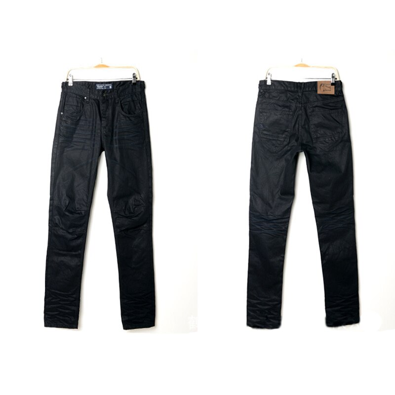 Men`s Coated Jeans Korean Cool Waxed Waxing Slim Fit Biker Denim Pants