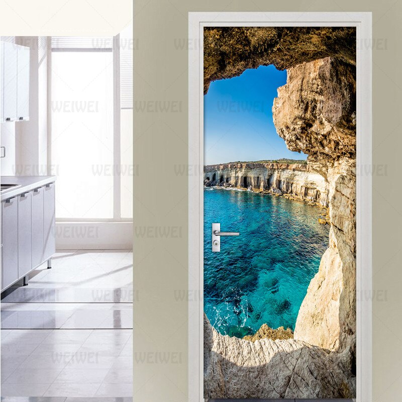 Cave Seascape 3D Photo Wallpaper Murals PVC Waterproof Self-adhesive Door Sticker DIY Door Poster Wall Mural Stickers