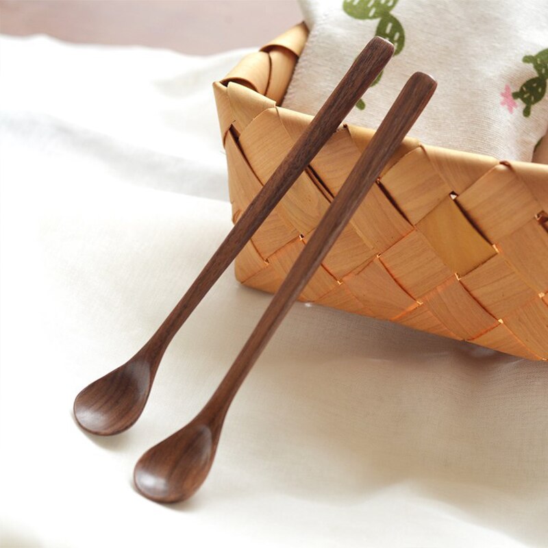 Japanse Zwarte Walnoot Lepel Lange Steel Houten Lepel Honing Roeren Lepel Dessertlepel