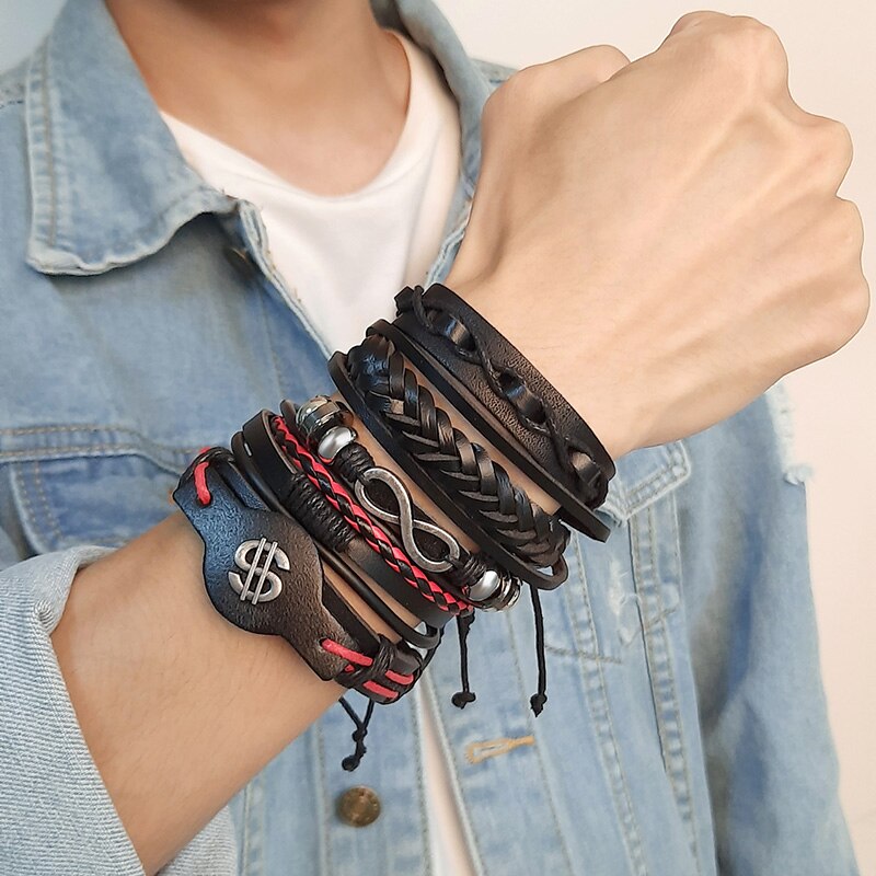 Vintage Infinity Dollar Sign Multilayer Lederen Armbanden Mannen Mode Gevlochten Handgemaakte Ster Touw Wrap Armbanden Mannelijke