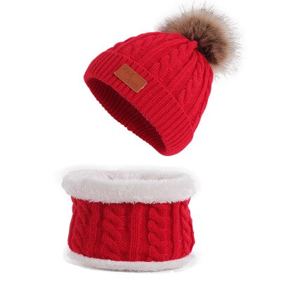 Jul piger søde vinter hat + tørklæde 2 stk sæt nyfødt tørklæde til drenge piger spædbarn bomuld strikket varme uld hatte: Rød