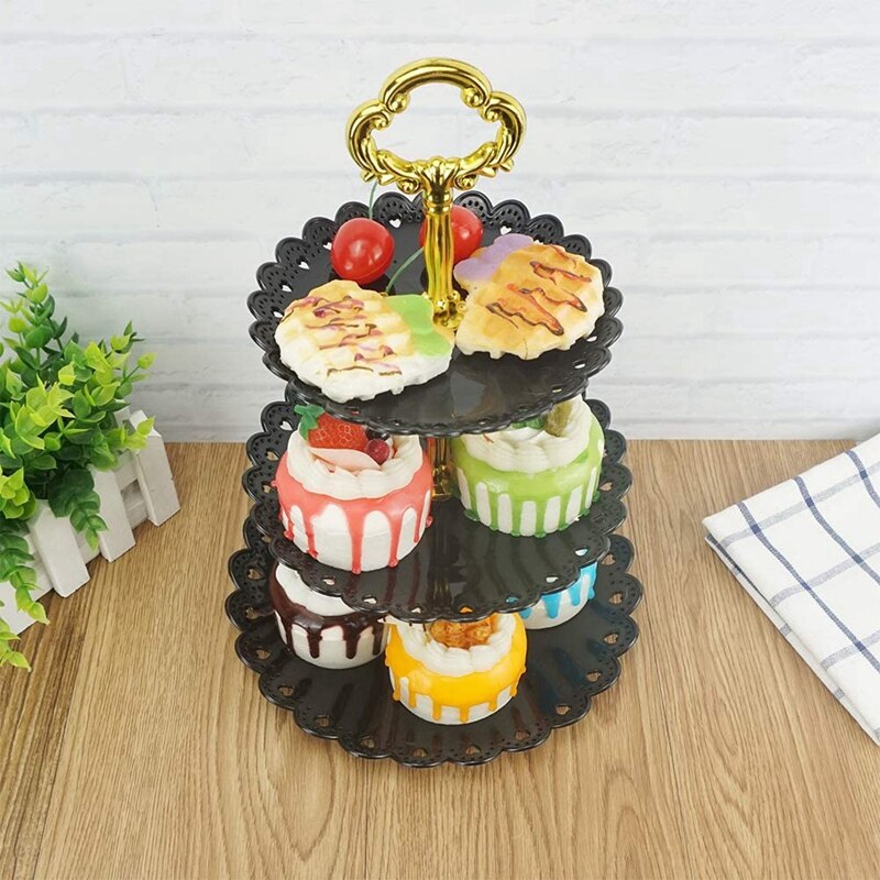 2 Pack, 3-Tier Plastic Cake Stand-Dessert Stand-Cupcake Stand-Tea Party Serving Platter Black Gold