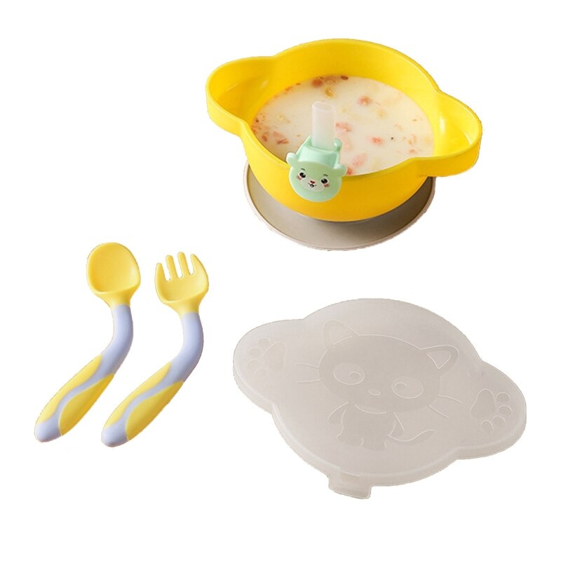 Assiette à dîner pour bébé, bol à ventouse avec cuillère à paille, ensemble de fourchettes, plats antidérapants à succion, formation, vaisselle d&#39;alimentation pour tout-petits: Yellow