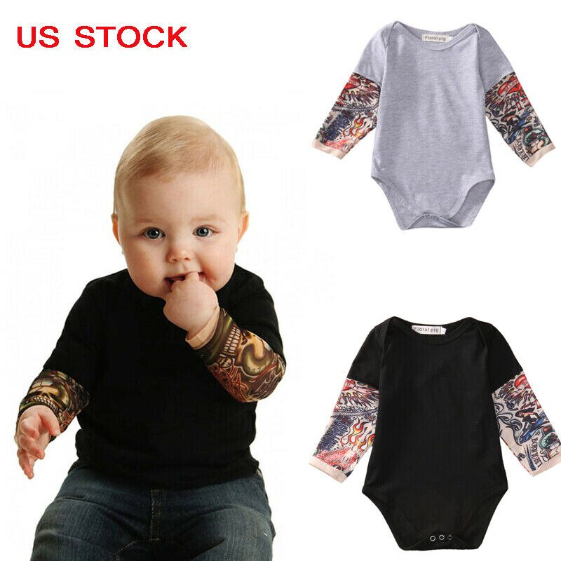 Brand 0-18m Baby Boy's Tattoo Printed Romper Long Sleeve Patchwork Cotton Romper Autumn Newborn Bebe Toddler Boy Clothes