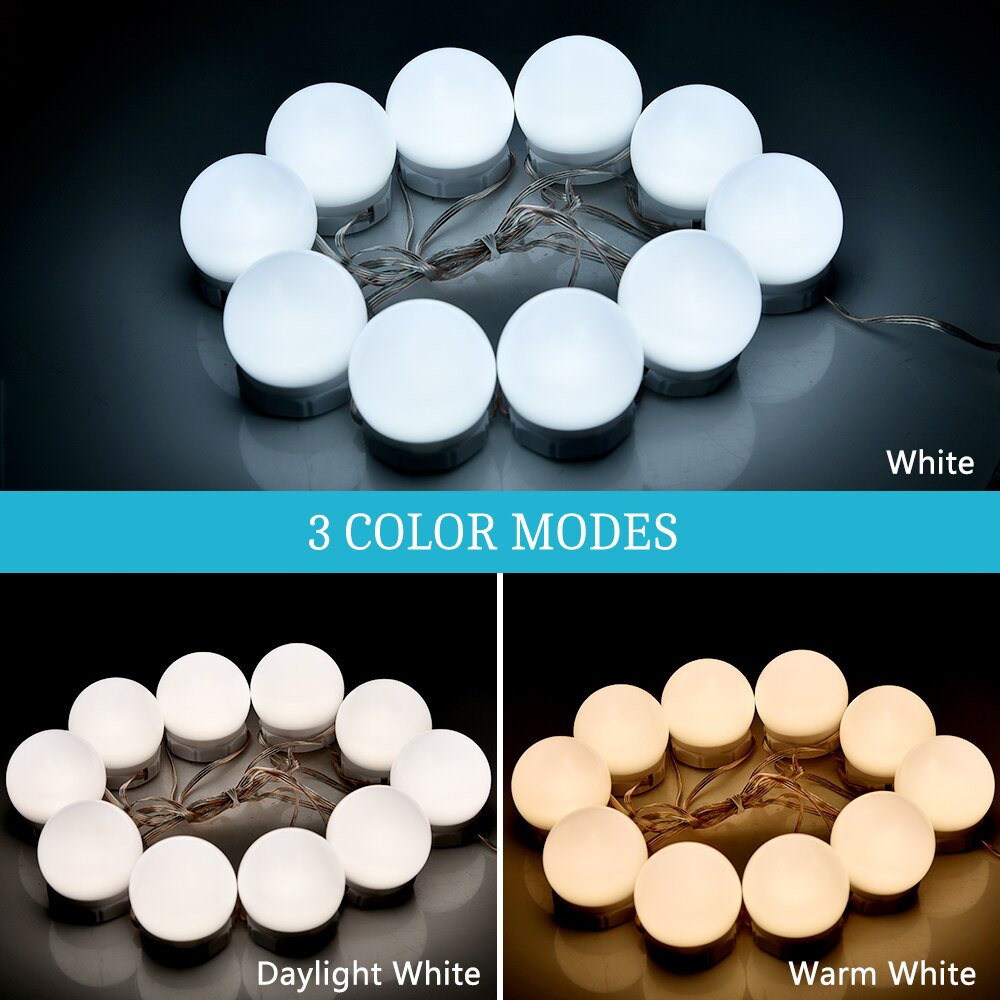 Usb 5v led makeup makeup spejl pære 10 stk hollyhood lys sæt 3 farver dæmpbart toiletbord spejl lys væglampe