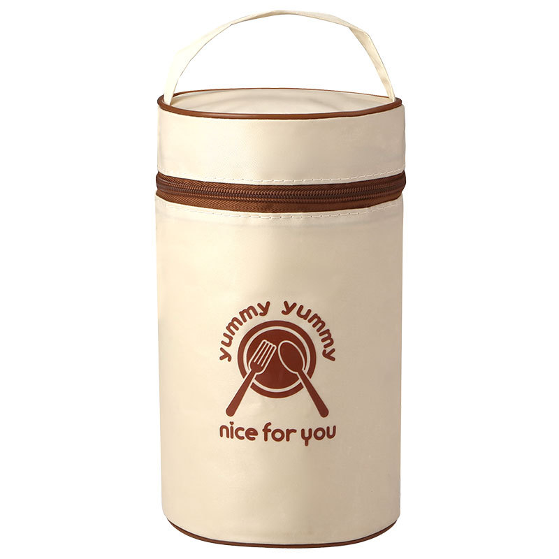 Portable Beige Thermal Lunch Box Bag Round Barrel Insulated Cooler Pouch Bento Food Storage Bags for Kids Meal Dinner Container: black