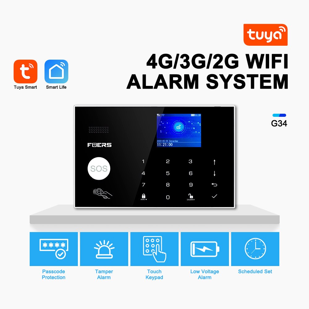 WIFI GSM 4G Alarm System Tuya App Kontrolle Heimat Sicherheit Bewegung Sensor Buglar Alarm 2,4 zoll voll berühren 4G GSM Farbe Bildschirm Tafel