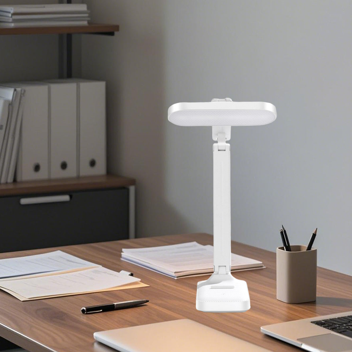 Zusammenklappbare LED-schreibtischlampe mit augenschonendem licht, 3 farbmodi, dimmbar, Ideal zum lesen, lernen und für büroarbeiten, mit stifthalter