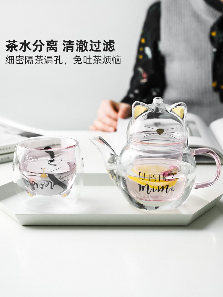 gatto teiera Tè bicchiere alta temperatura spessa bella fiore teiera filtro domestico impostato da tè brocca d'acqua in vetro resistente al calore
