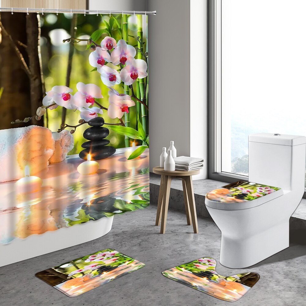 4pcs Zen Stone Shower Curtain Green Bamboo Orchid Flower Plants Anti-Slip Bath Mats Toilet Lid Cover Bathroom Decor Carpet Rugs