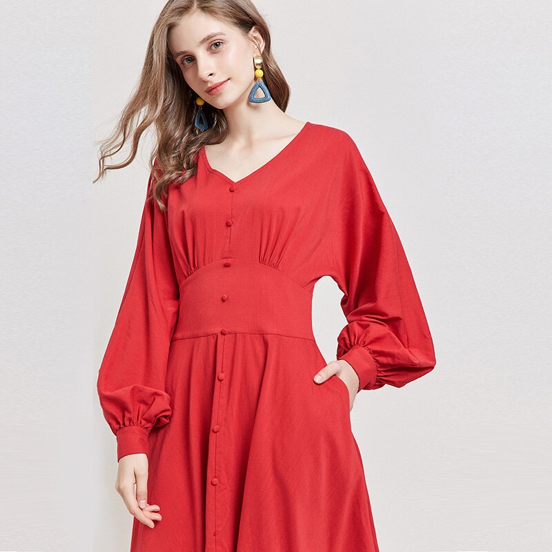 ARTKA Herfst Winter Vrouwen Jurk Vintage Rode Elegante V-hals Jurken Lantaarn Mouwen Lange Jurk Voor Vrouwen LA15299Q: S