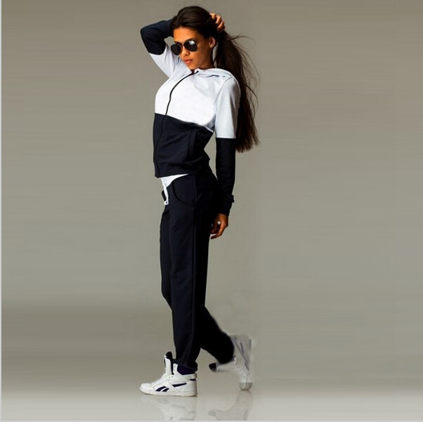 Patchwork Zipper lace up Suit Set Women Tracksuit Two-piece Sport Style Outfit Jogging Sweatshirt Fitness Lounge Sportwear: Black / L