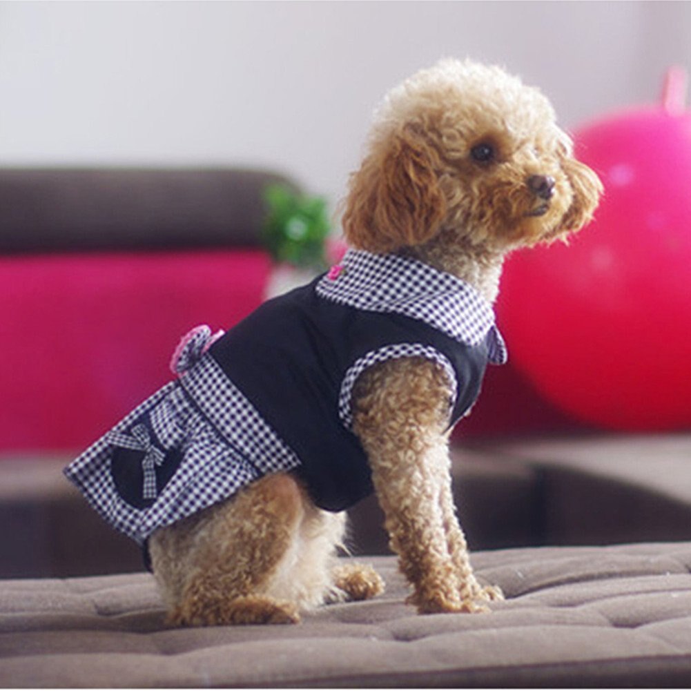 Dog Dresses Black Plaid Dog Clothes Built-in Harness Dress for Dogs Soft Rose Bowknot