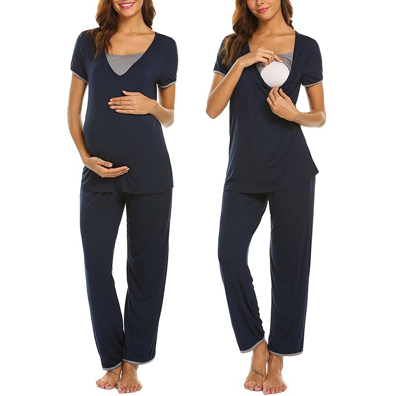 Maternité soins infirmiers vêtements de nuit pour les femmes enceintes décontracté solide allaitement pyjamas ensemble maternité maison vêtements grossesse hauts + pantalons