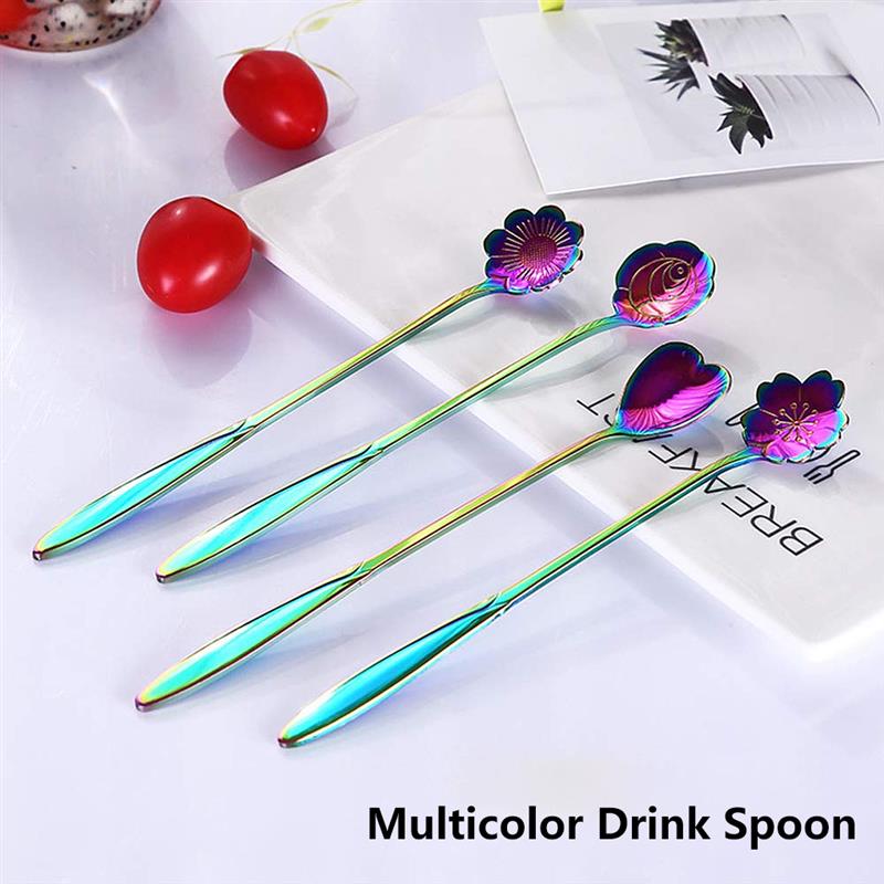 9pcs Stainless Steel Flower Shape Scoop Beverage Stirring Mixing Spoon with Handle Fruit Scoop Kitchen Dinnerware Coffeeware
