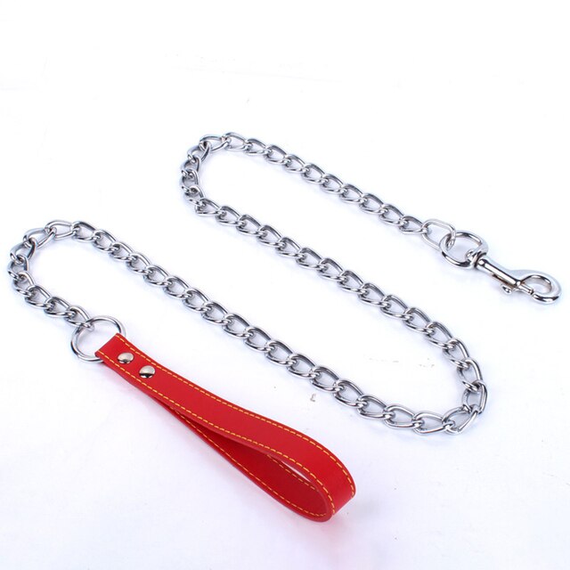 Heavy Duty Metal Chain Dog Lead With Leather Handle Long Strong Control Leash Outdoor Pet Traction Rope Anti Bite Chain: Red