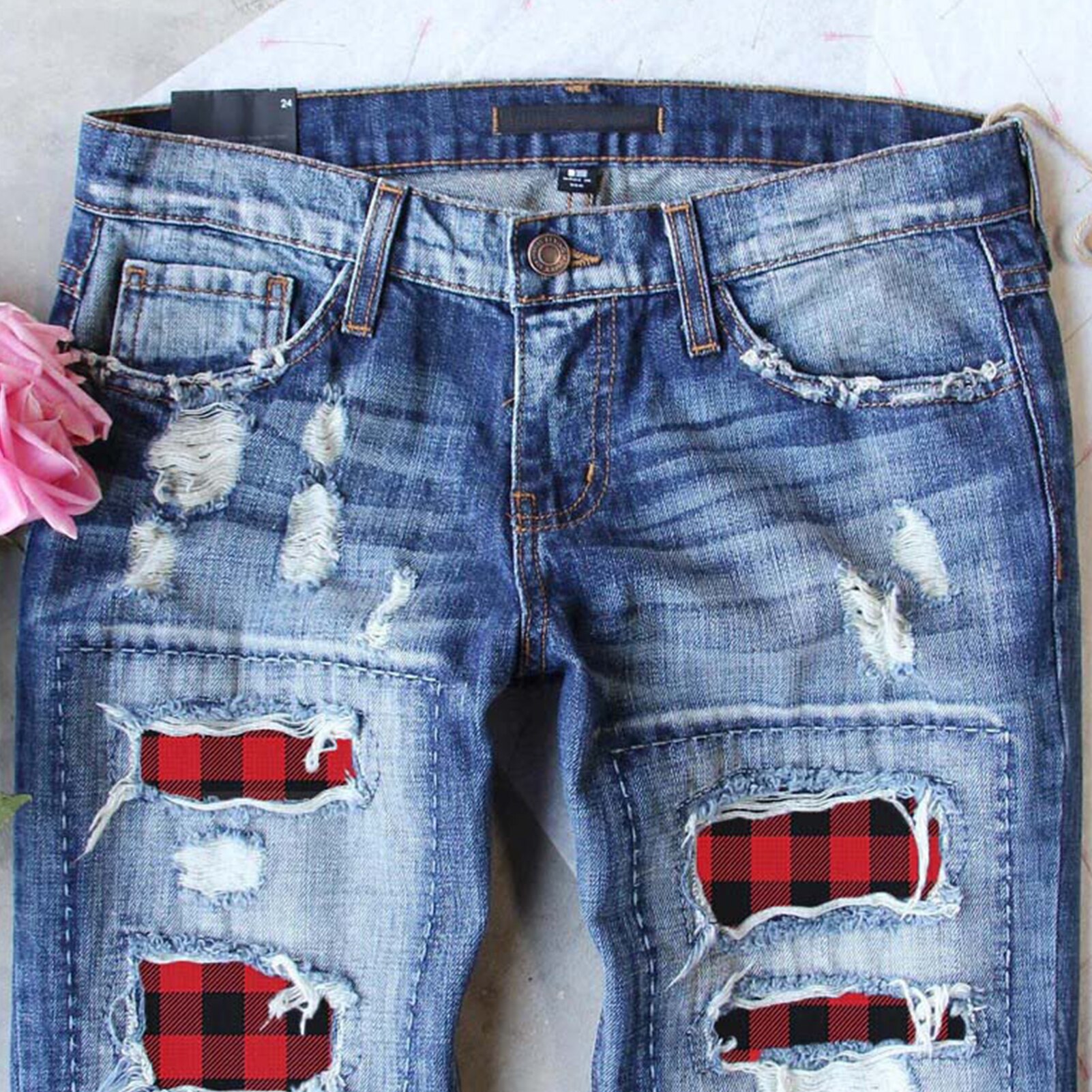 Comfortable Casual Zipper Women Ripped Hole Plaid Patch Patchwork Long Jeans Trousers Pants