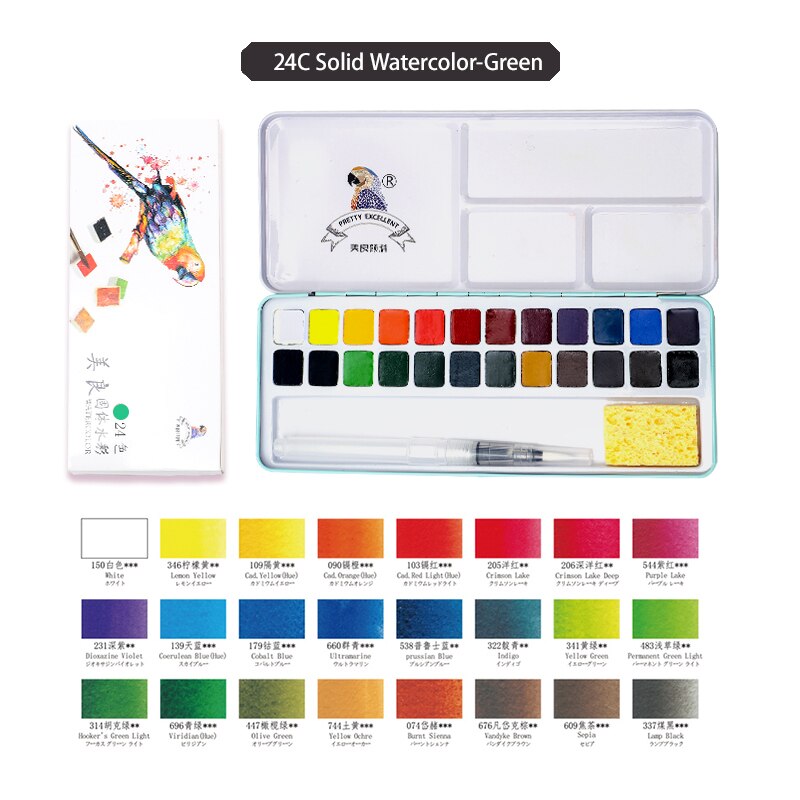 Meiliang-Juego de acuarelas sólidas de 24/36 colores, pinturas no tóxicas, estuche de Metal portátil con paleta y pinceles de pintura artística, suministros: 24Color-Green