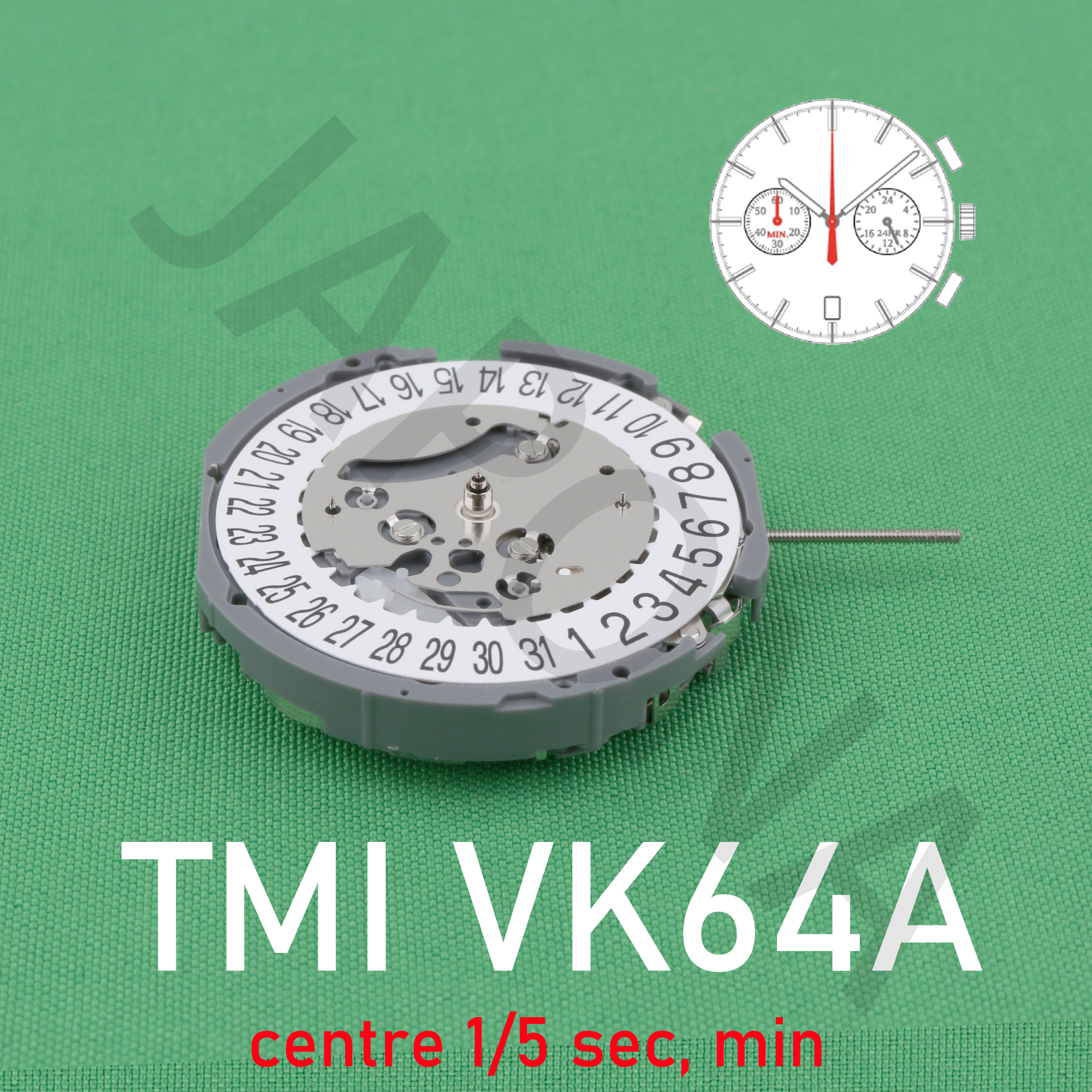 Movimiento VK64 Movimiento japonés TMI VK64A Chrono (centro 1/5 seg, min) 24 horas, fecha Movimiento de cuarzo con sincronización precisa