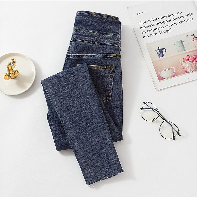 Skinny jeans voor dames, hoge taille, drie knopen, zwarte denim potloodbroek voor dames, koreaanse chique lange jeans voor dames