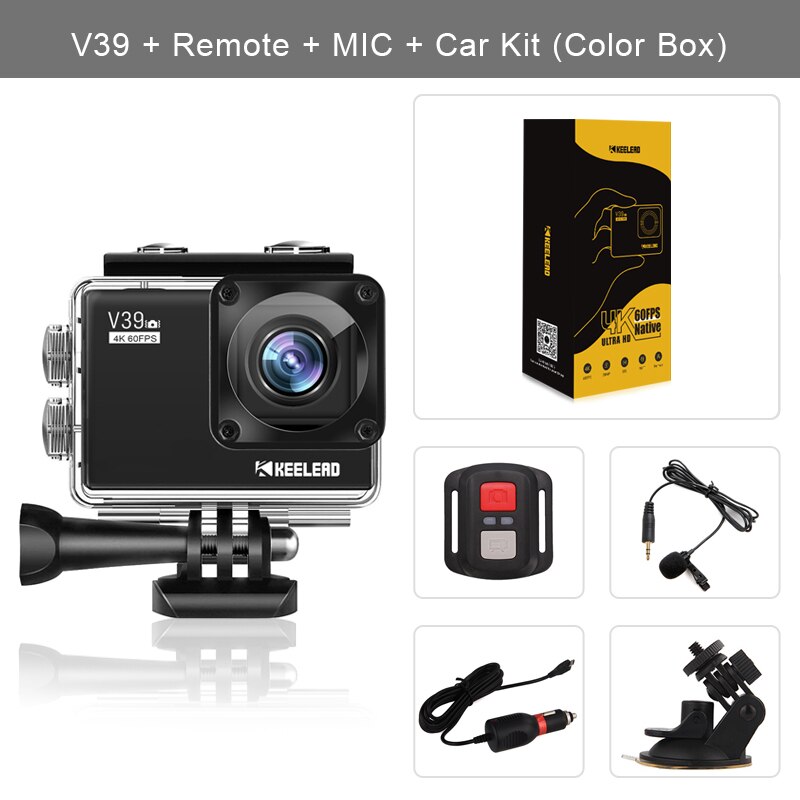 KEELEAD V39 action camera 4K / 60FPS 20MP 2.0 "LCD EIS video Dual MIC WiFi waterproof Pro Helmet cam Sport camera VS EK7000 cam: V39 box Remote Car / Standard