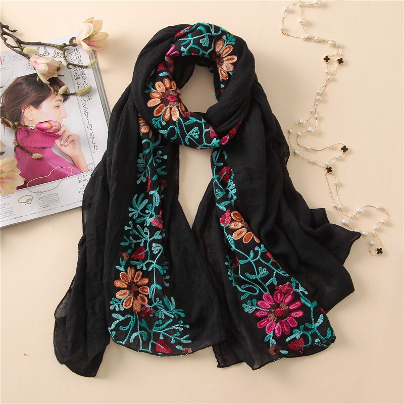 Chal de viscosa Floral bordado liso, bufanda de pañuelo indio, bufandas y chales de algodón con estampado, Foulard suave, gorro Hijab musulmán, 2022