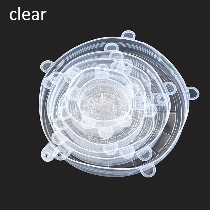 Tapas elásticas de silicona reutilizables, tapa universal de silicona para envolver alimentos, tapa para cuenco, tapa para olla, tapa de sellado, sartén, tapones de cocina, 6 uds.: clear