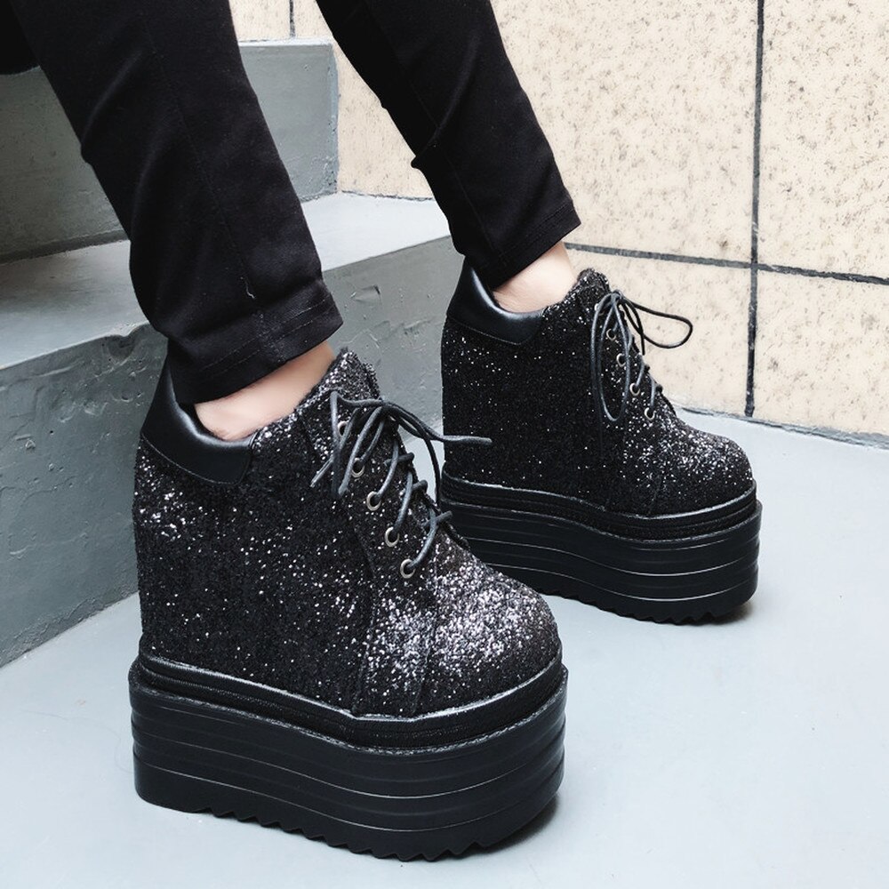 14cm dames ronde neus platform pailletten bling sneakers wedge super hoge verborgen hak schoenen punk kant  up 2 kleuren meisjes