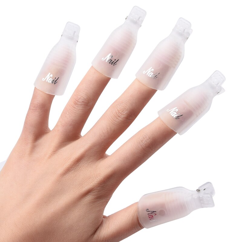 10PCS a Set Durable Reusable Plastic Nail Polish Remover Lacquer Tool Soak Off Wrap Nail Cleaner Clip Cap Remover Gel: Transparent