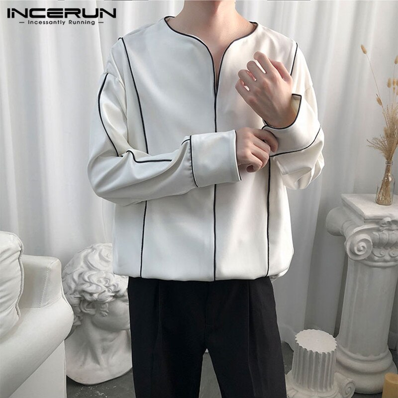 INCERUN Long Sleeve Loose Brand Shirts Men Casual Shirt Korean Chic V Neck Blouse Color-block Camisa Plus Size